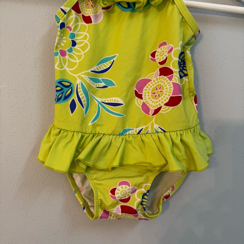 Tea Collection Girls Lime Green Floral‎ Ruffle One Piece Swimsuit 18-24 Months